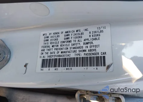 2011 Honda Accord 2.4 Ex-L from USA, damaged, VIN 1HGCP2F89BA061542